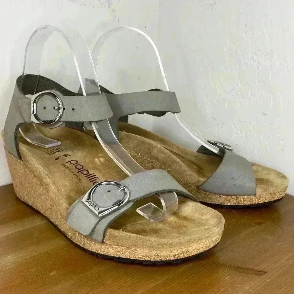 NEW Birkenstock Papillio Soley Nubuck Dove Gray Leather Wedge Sandals EU39 US8